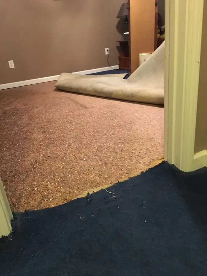 Carpet pad removal revealing water damage during Water Mitigation Services in South Jordan